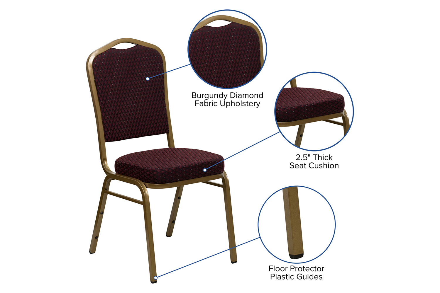 BLNK™ HERCULES Series Fabric Crown Back Stacking Banquet Chair with Gold Frame - Burgundy Patterned