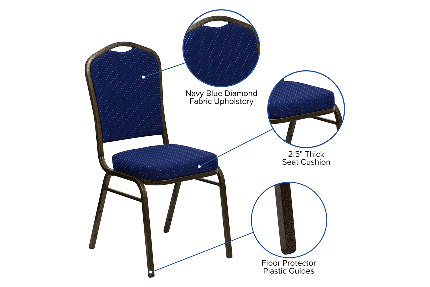 BLNK™ HERCULES Series Fabric Crown Back Stacking Banquet Chair with Gold Vein Frame - Navy Blue Patterned