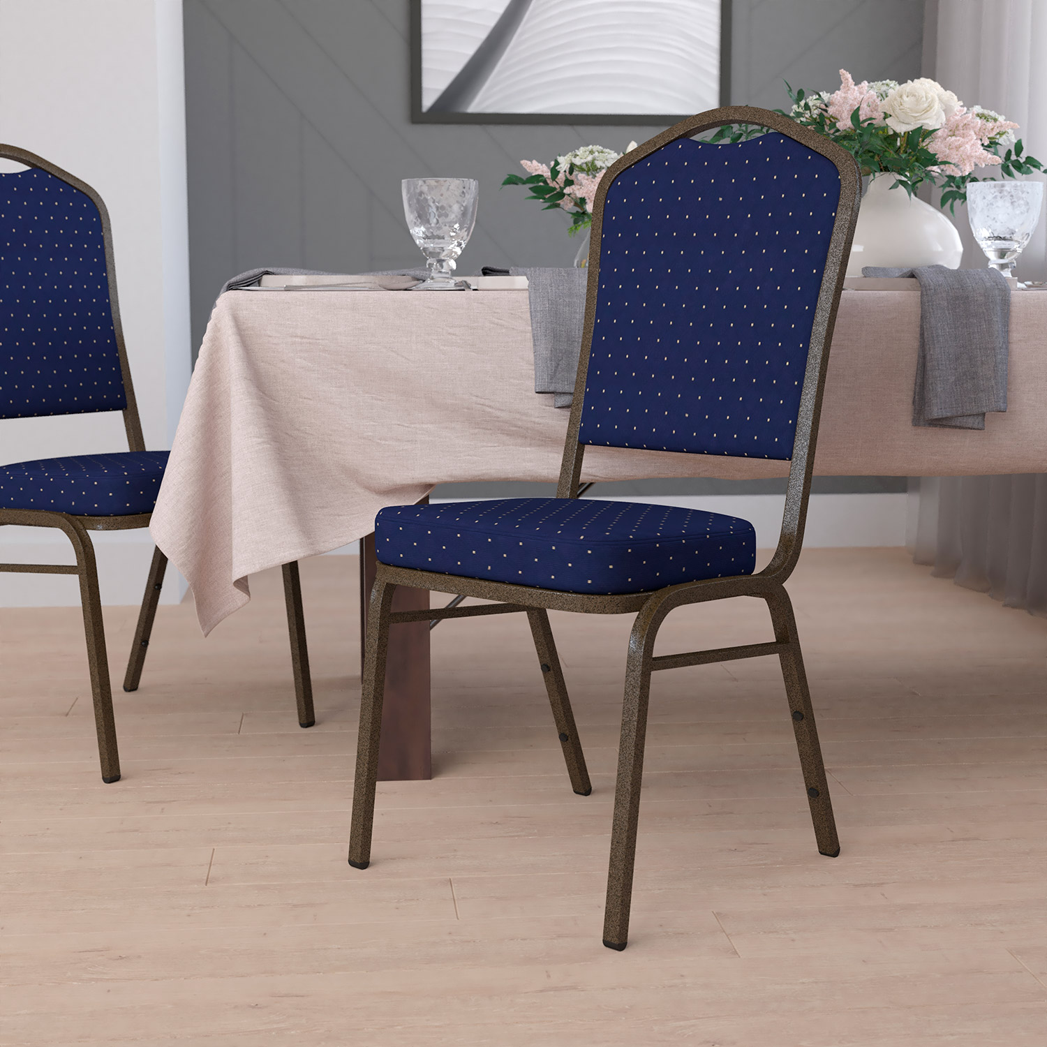 BLNK HERCULES Series Fabric Crown Back Stacking Banquet Chair with Gold Vein Frame