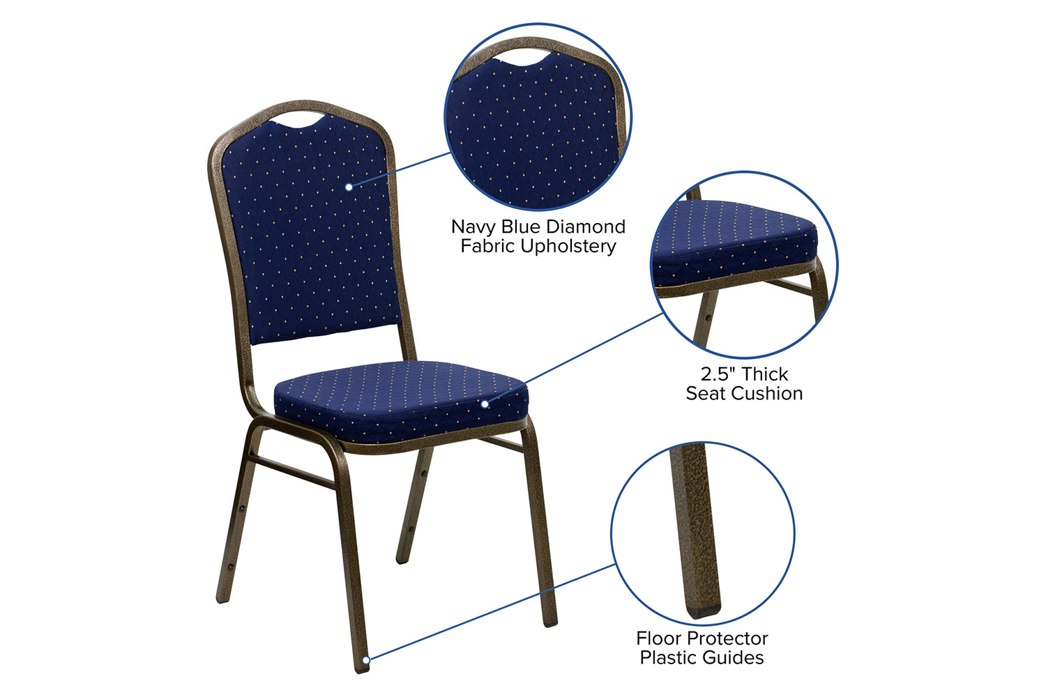 BLNK™ HERCULES Series Fabric Crown Back Stacking Banquet Chair with Gold Vein Frame - Navy Blue Dot Patterned