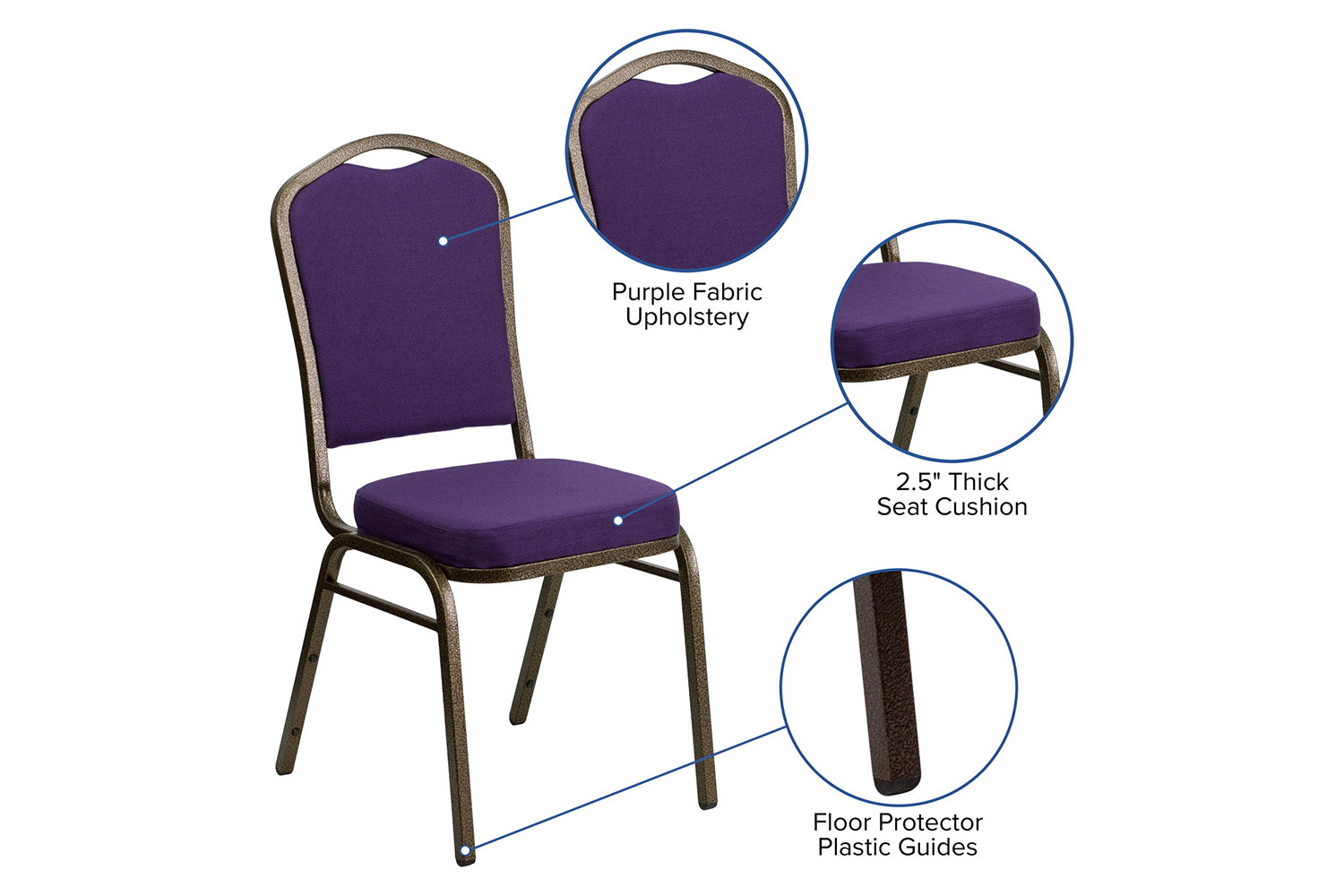 BLNK™ HERCULES Series Fabric Crown Back Stacking Banquet Chair with Gold Vein Frame - Purple