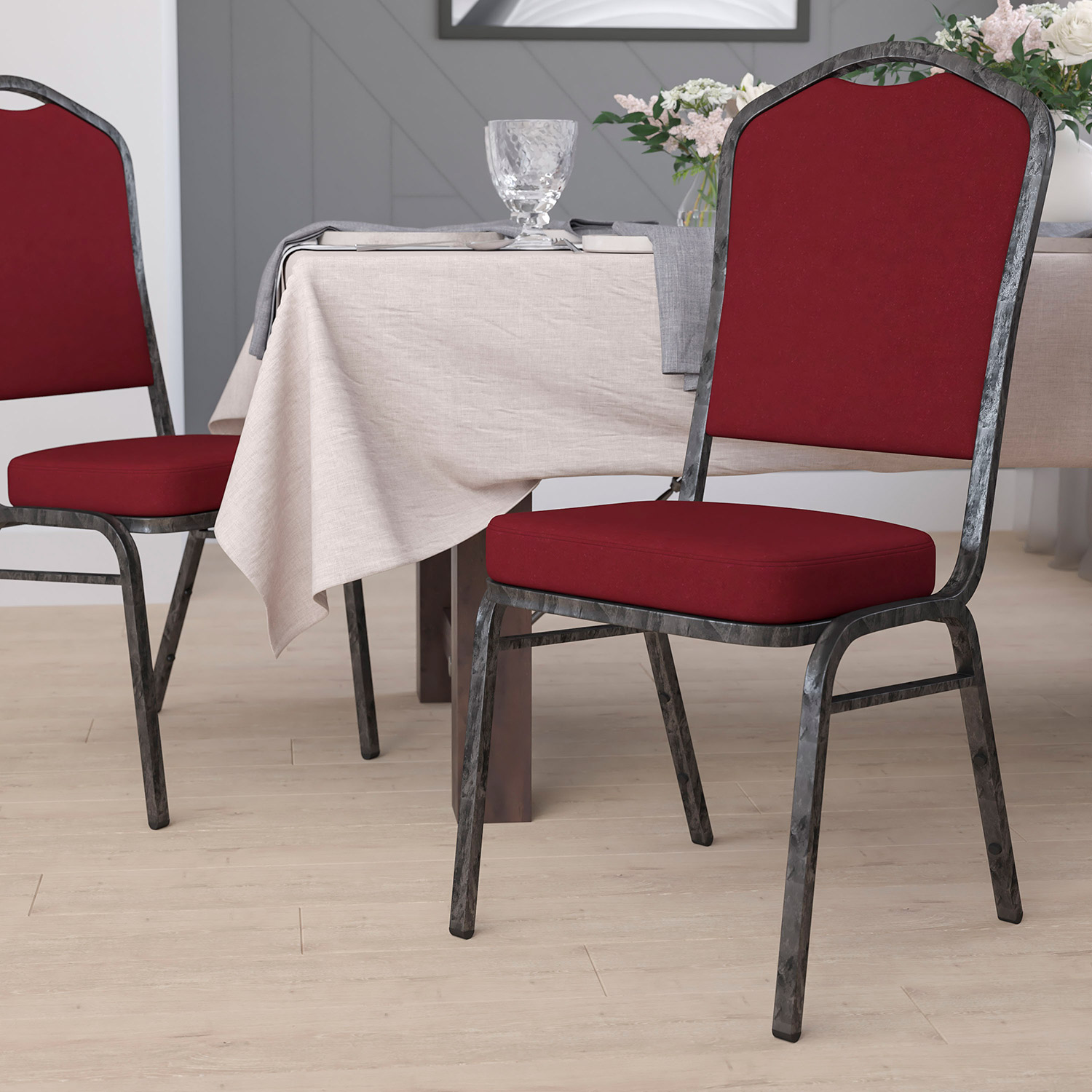 BLNK HERCULES Series Fabric Crown Back Stacking Banquet Chair with Silver Vein Frame