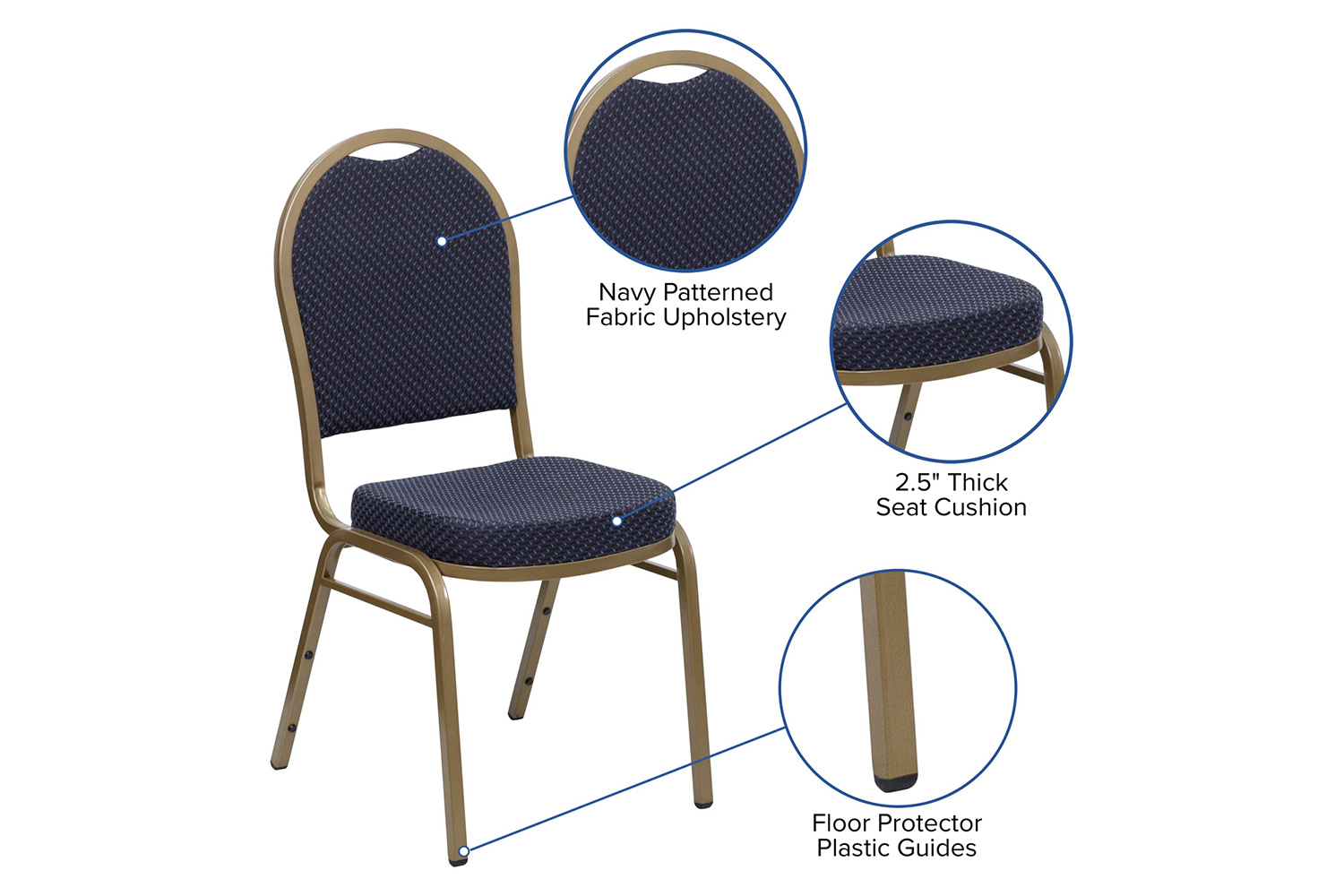 BLNK™ HERCULES Series Fabric Dome Back Stacking Banquet Chair with Gold Frame - Navy Patterned