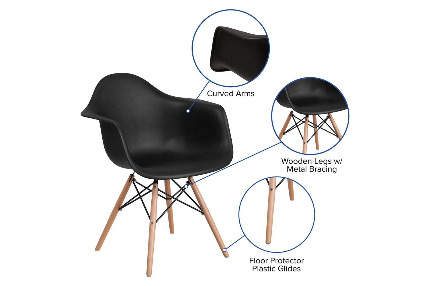 BLNK Alonza Series Plastic Chair with Wooden Legs - Black