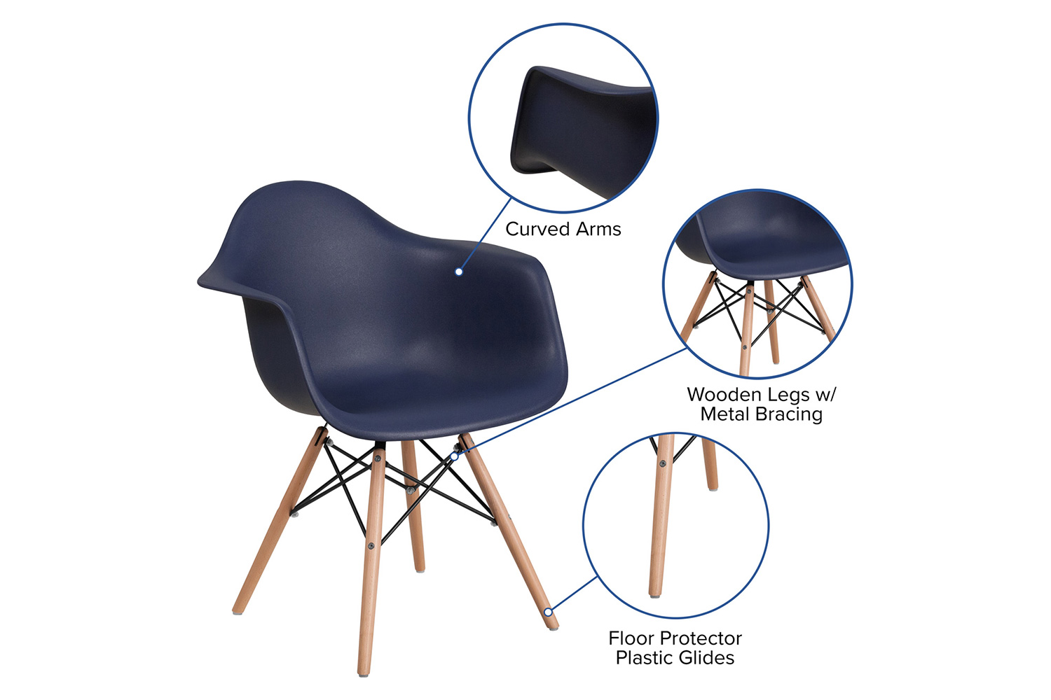 BLNK Alonza Series Plastic Chair with Wooden Legs - Navy