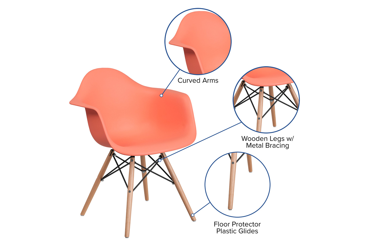 BLNK Alonza Series Plastic Chair with Wooden Legs - Peach