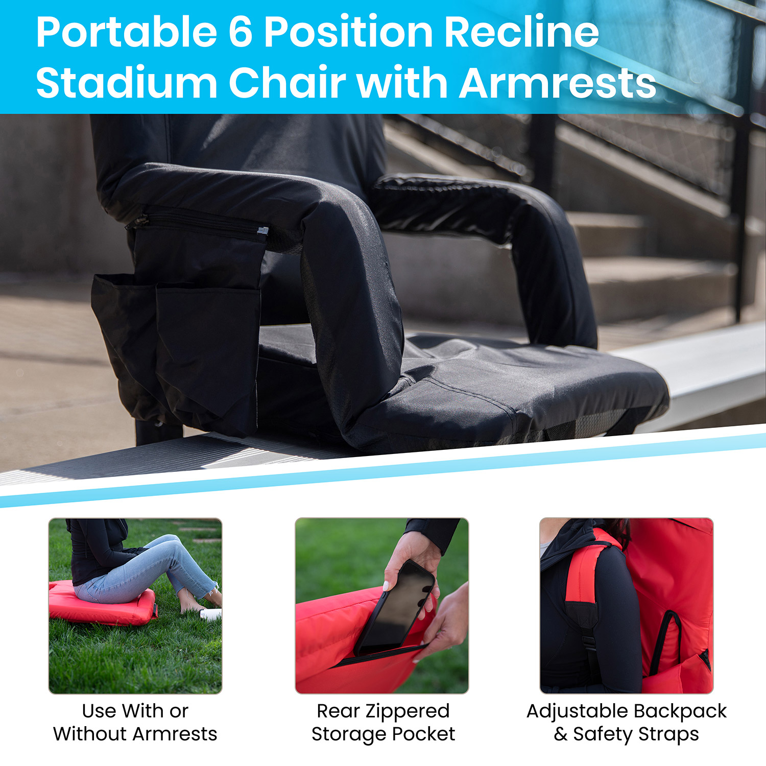 BLNK Malta Portable Lightweight Reclining Stadium Chair with Armrests, Padded Back and Seat - Black