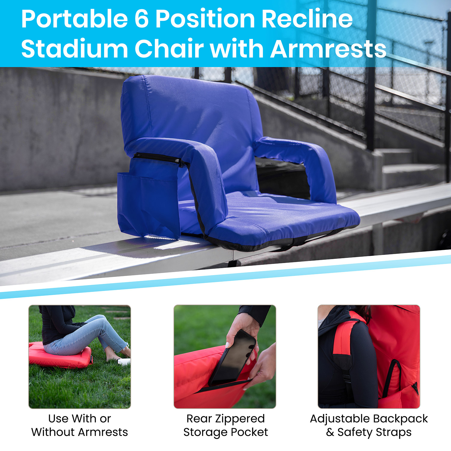 BLNK Malta Portable Lightweight Reclining Stadium Chair with Armrests, Padded Back and Seat - Blue