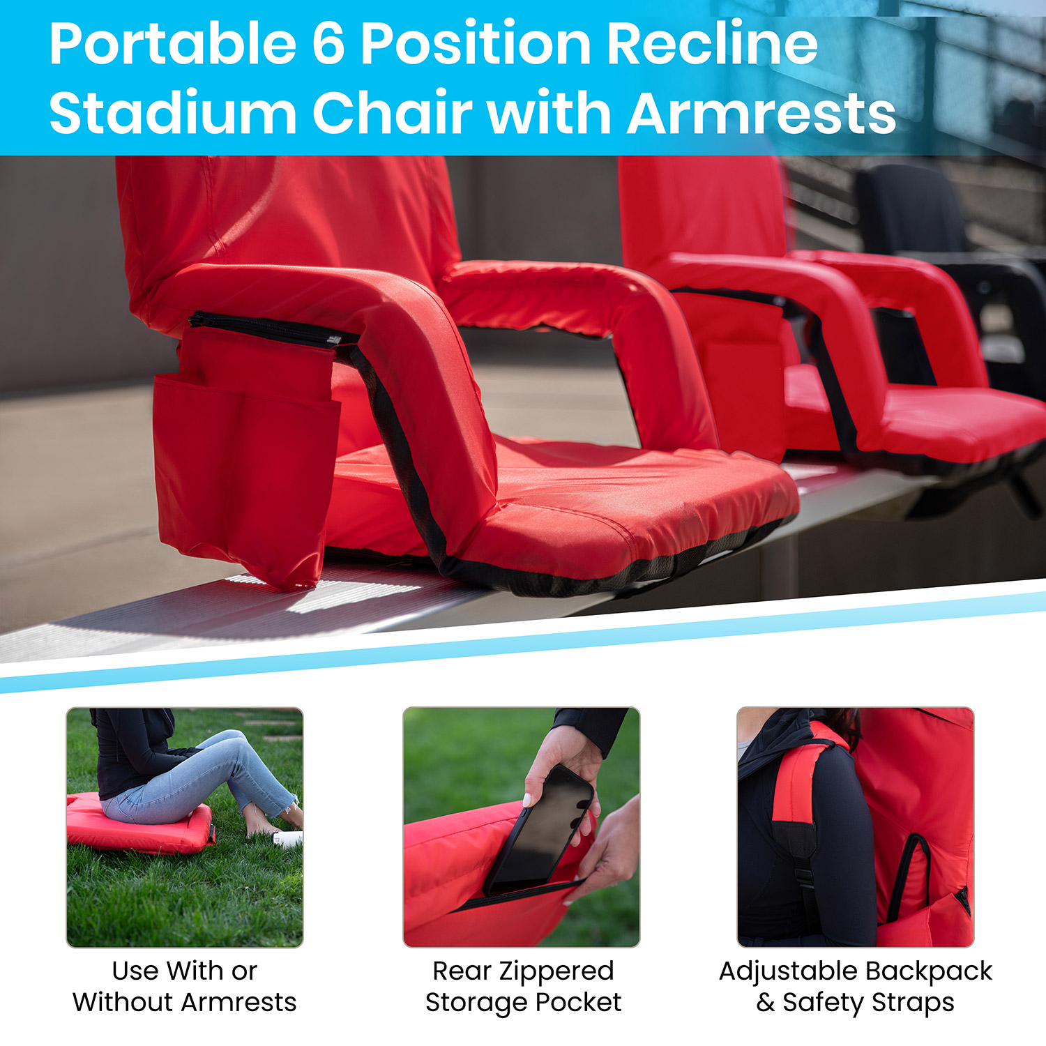 BLNK Malta Portable Lightweight Reclining Stadium Chairs with Armrests, Padded Back and Seat Set of 2 - Red