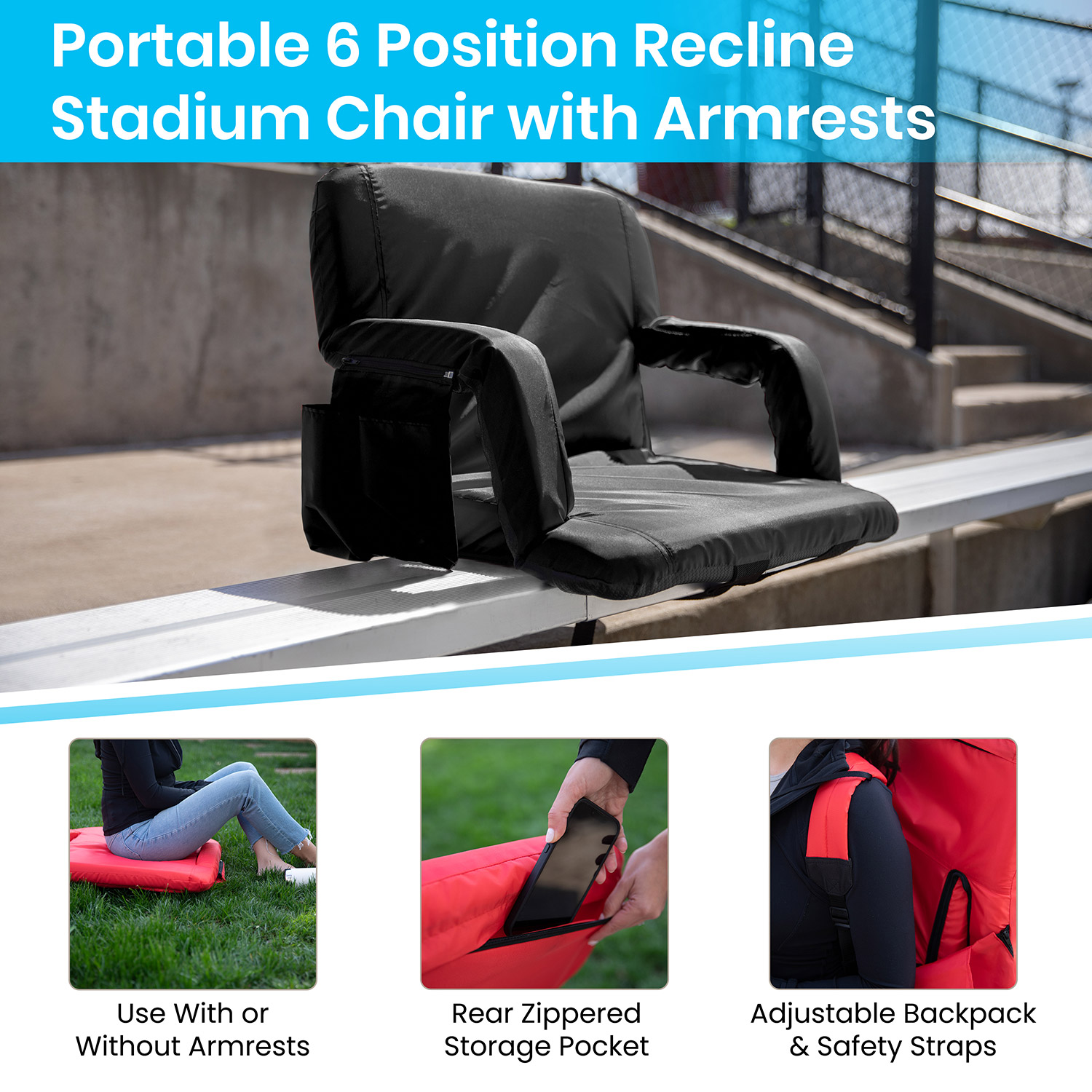 BLNK Malta Extra Wide Portable Lightweight Reclining Stadium Chair with Armrests, Padded Back and Seat - Black