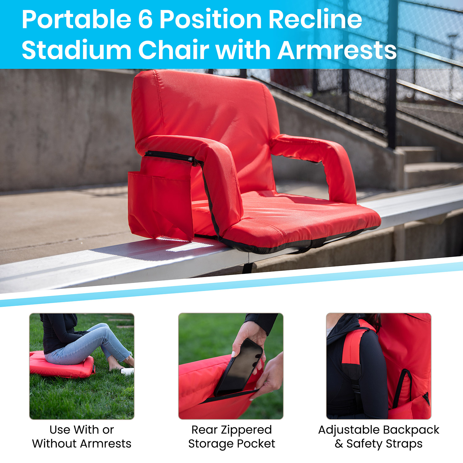 BLNK Malta Extra Wide Portable Lightweight Reclining Stadium Chair with Armrests, Padded Back and Seat - Red