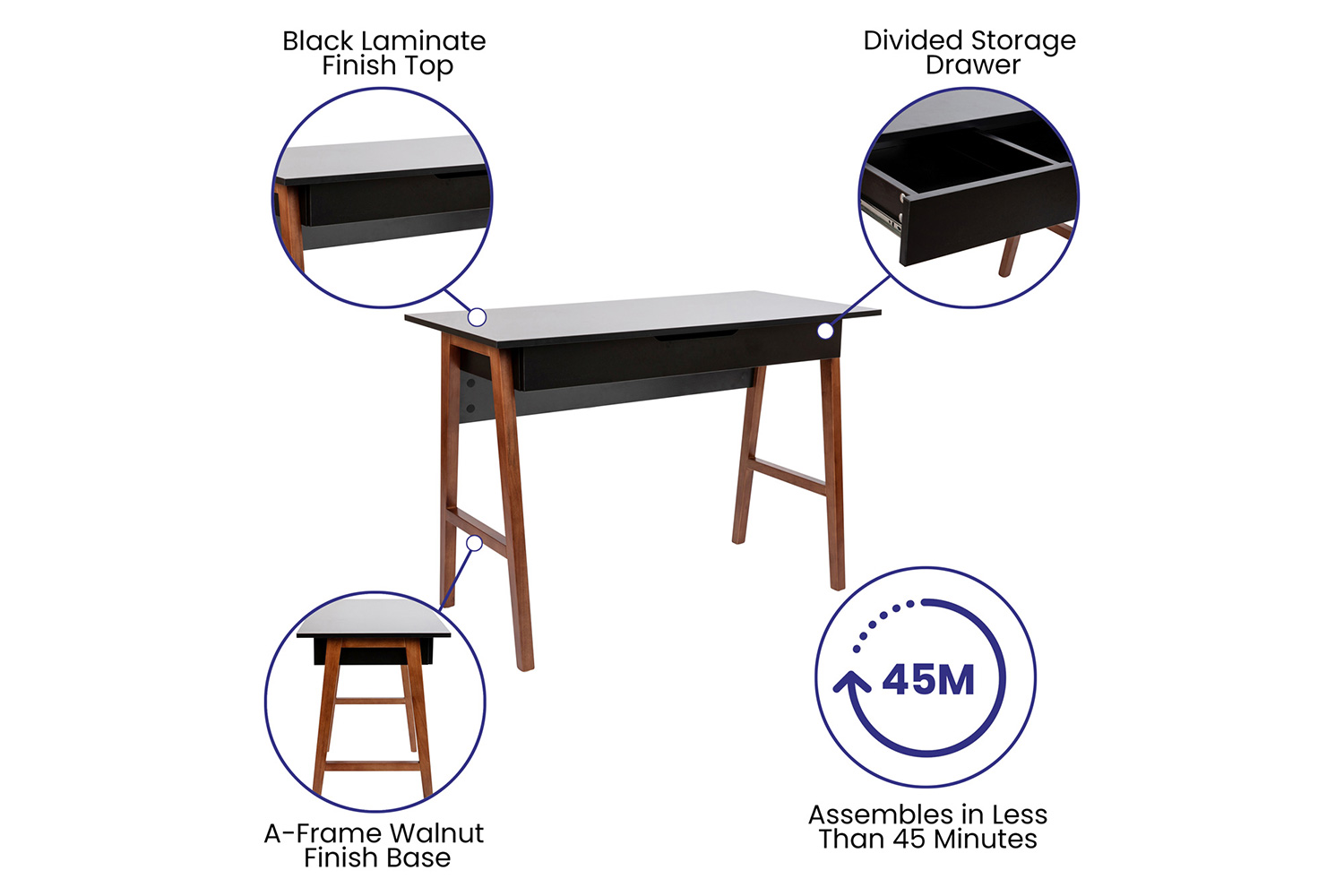 BLNK Darla Home Office Writing Computer Desk with Drawer - Black/Walnut