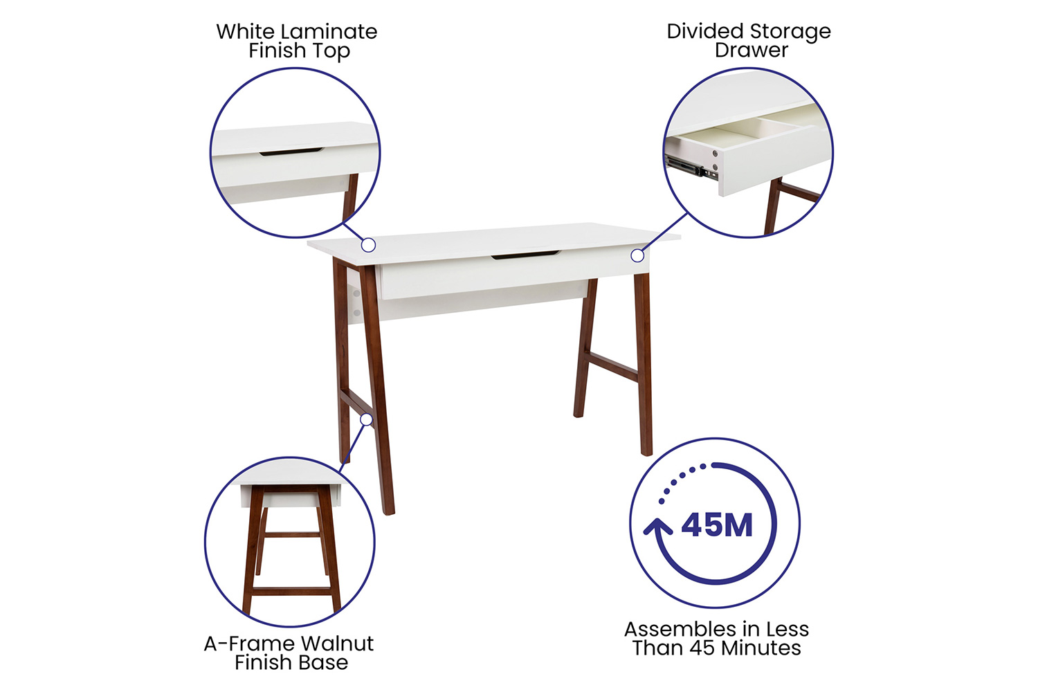 BLNK Darla Home Office Writing Computer Desk with Drawer - White/Walnut