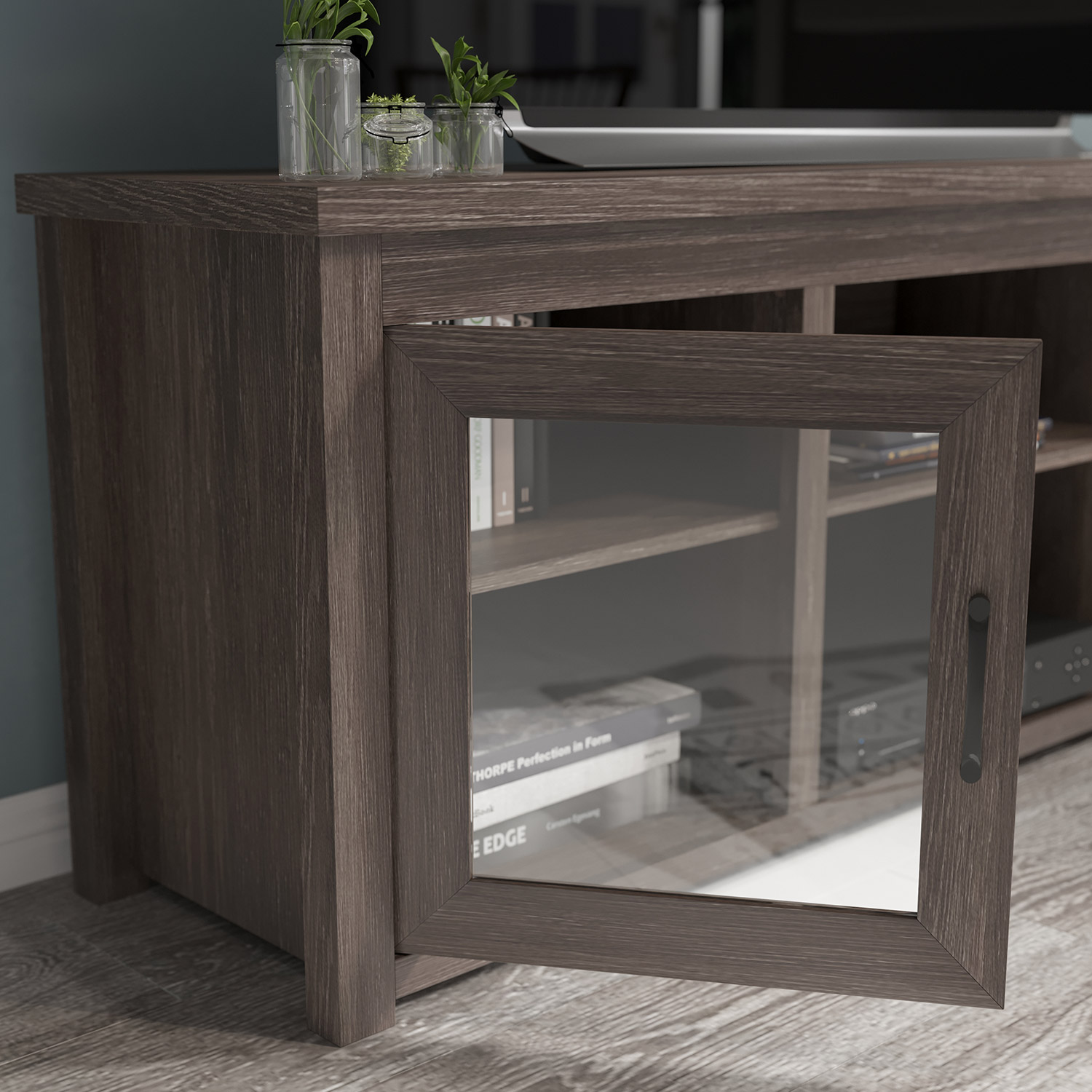 BLNK Sheffield Classic TV Stand up to 80" TVs - Finish with Full Glass Doors - Modern Black Wash