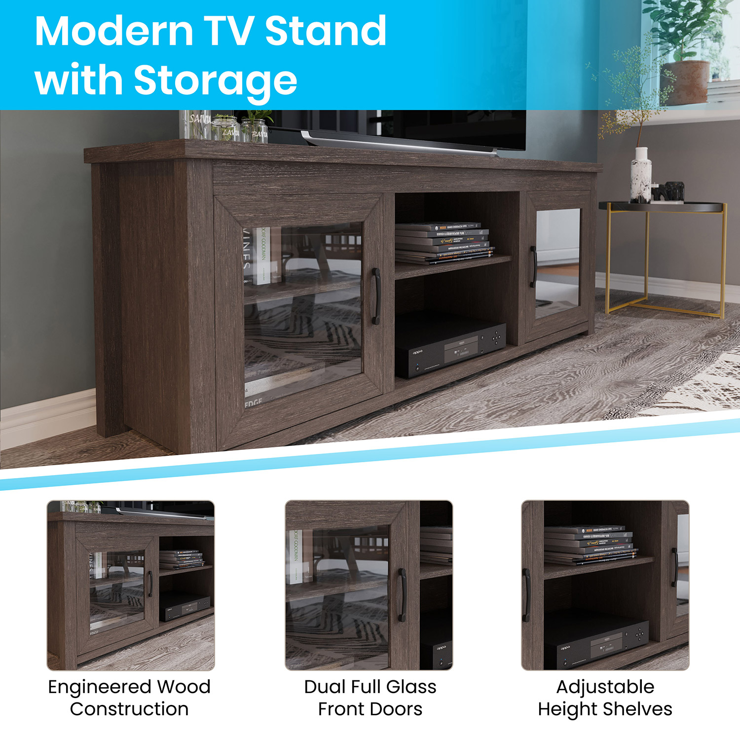 BLNK Sheffield Classic TV Stand up to 80" TVs - Finish with Full Glass Doors - Modern Black Wash