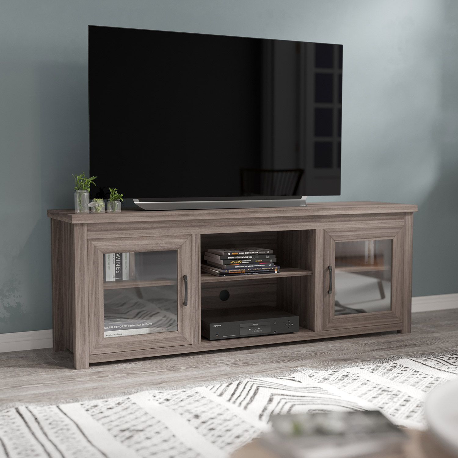 BLNK Sheffield Classic TV Stand up to 80" TVs - Finish with Full Glass Doors - Gray Wash Oak