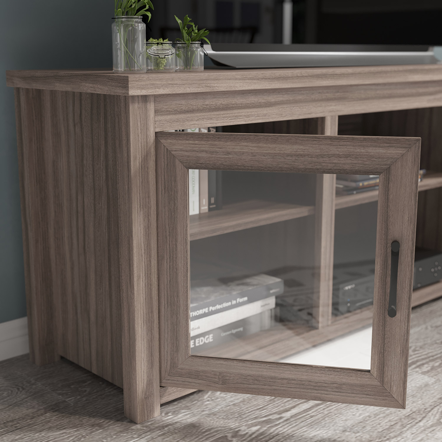 BLNK Sheffield Classic TV Stand up to 80" TVs - Finish with Full Glass Doors - Gray Wash Oak