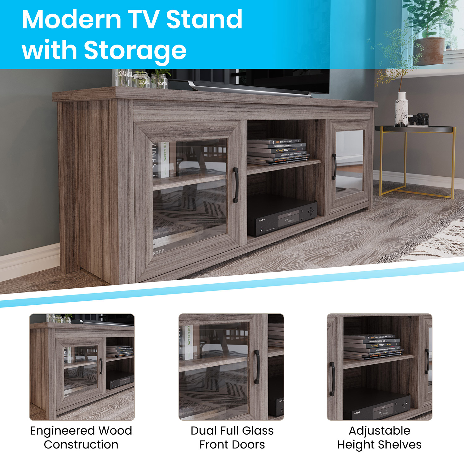 BLNK Sheffield Classic TV Stand up to 80" TVs - Finish with Full Glass Doors - Gray Wash Oak