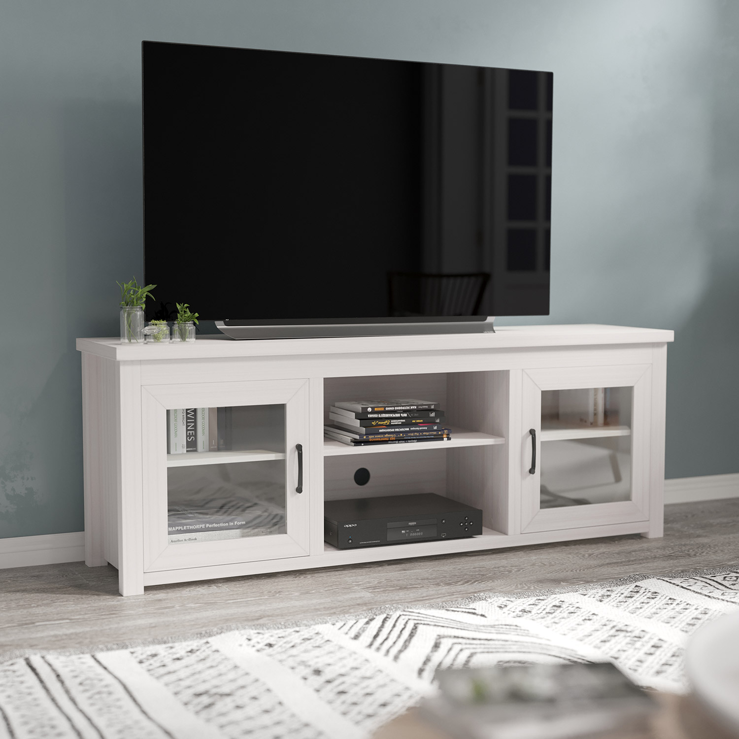 BLNK Sheffield Classic TV Stand up to 80" TVs - Finish with Full Glass Doors - Modern White Wash