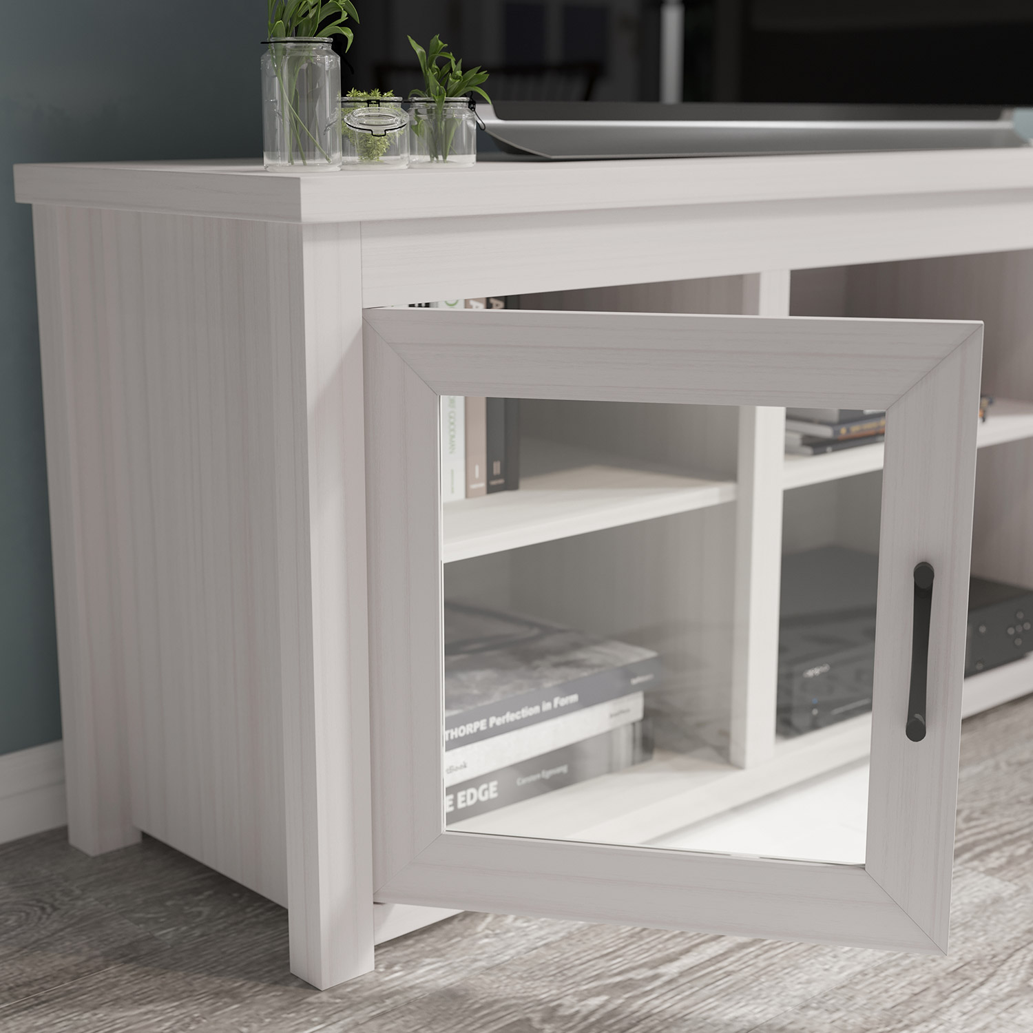 BLNK Sheffield Classic TV Stand up to 80" TVs - Finish with Full Glass Doors - Modern White Wash