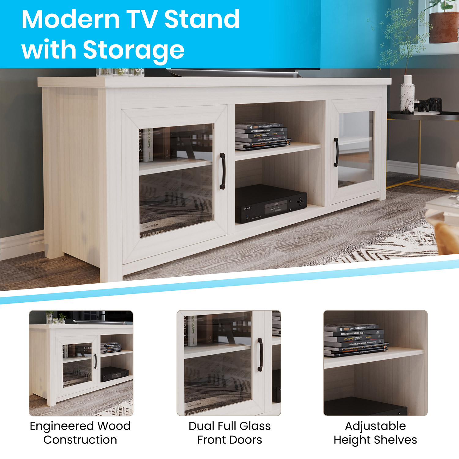 BLNK Sheffield Classic TV Stand up to 80" TVs - Finish with Full Glass Doors - Modern White Wash