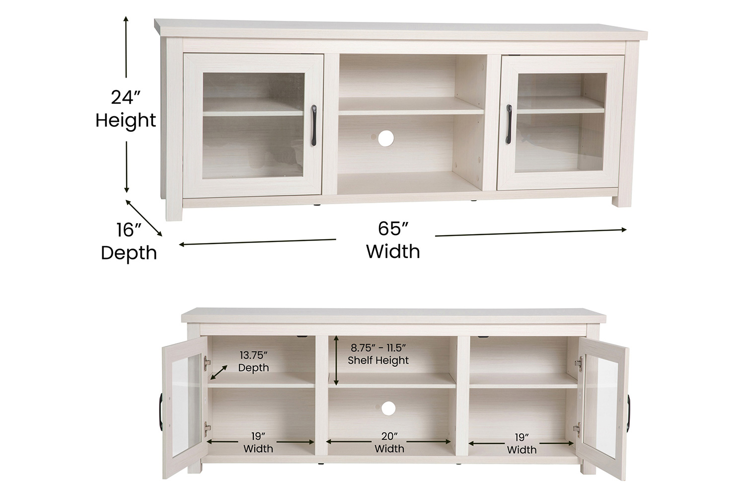 BLNK Sheffield Classic TV Stand up to 80" TVs - Finish with Full Glass Doors - Modern White Wash