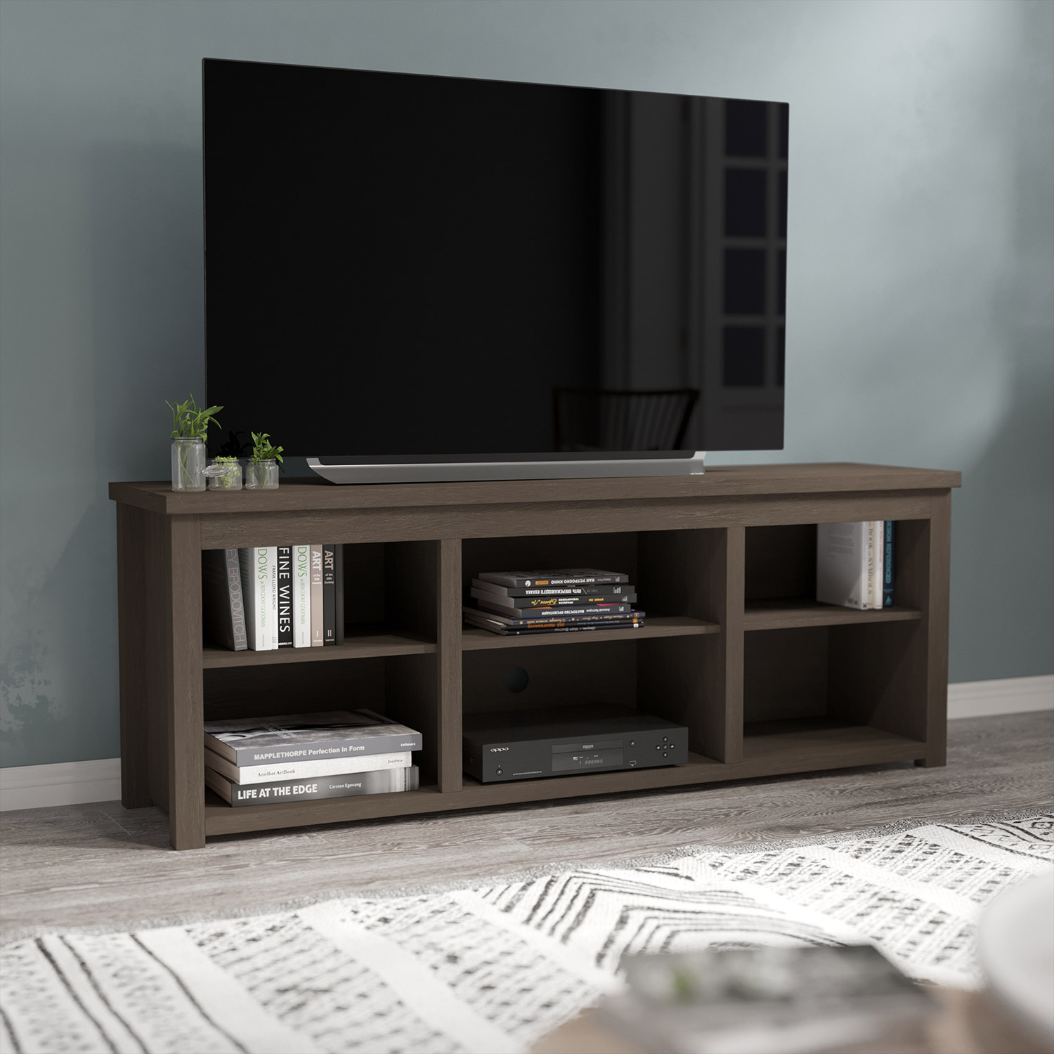 BLNK Kilead Farmhouse Engineered Wood Framed Media Console TV Stand for up to 80" TVs with Open Storage