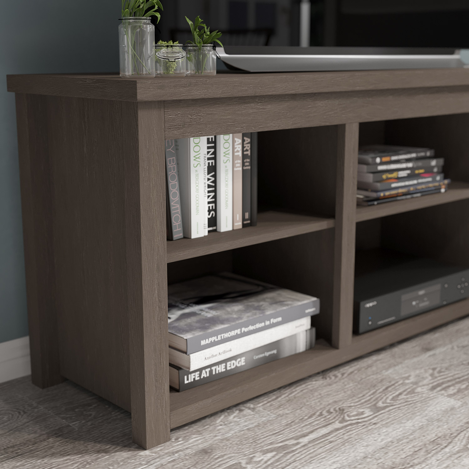 BLNK Kilead Farmhouse Engineered Wood Framed Media Console TV Stand for up to 80" TVs with Open Storage - Modern Espresso