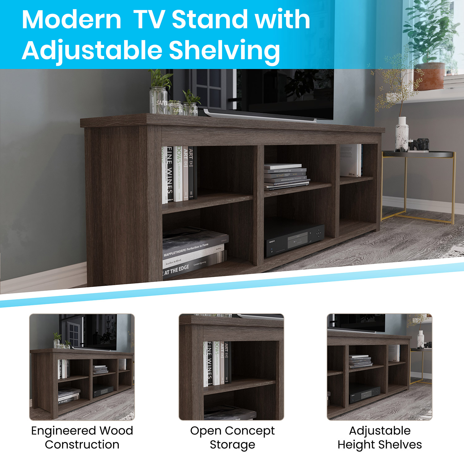 BLNK Kilead Farmhouse Engineered Wood Framed Media Console TV Stand for up to 80" TVs with Open Storage - Modern Espresso