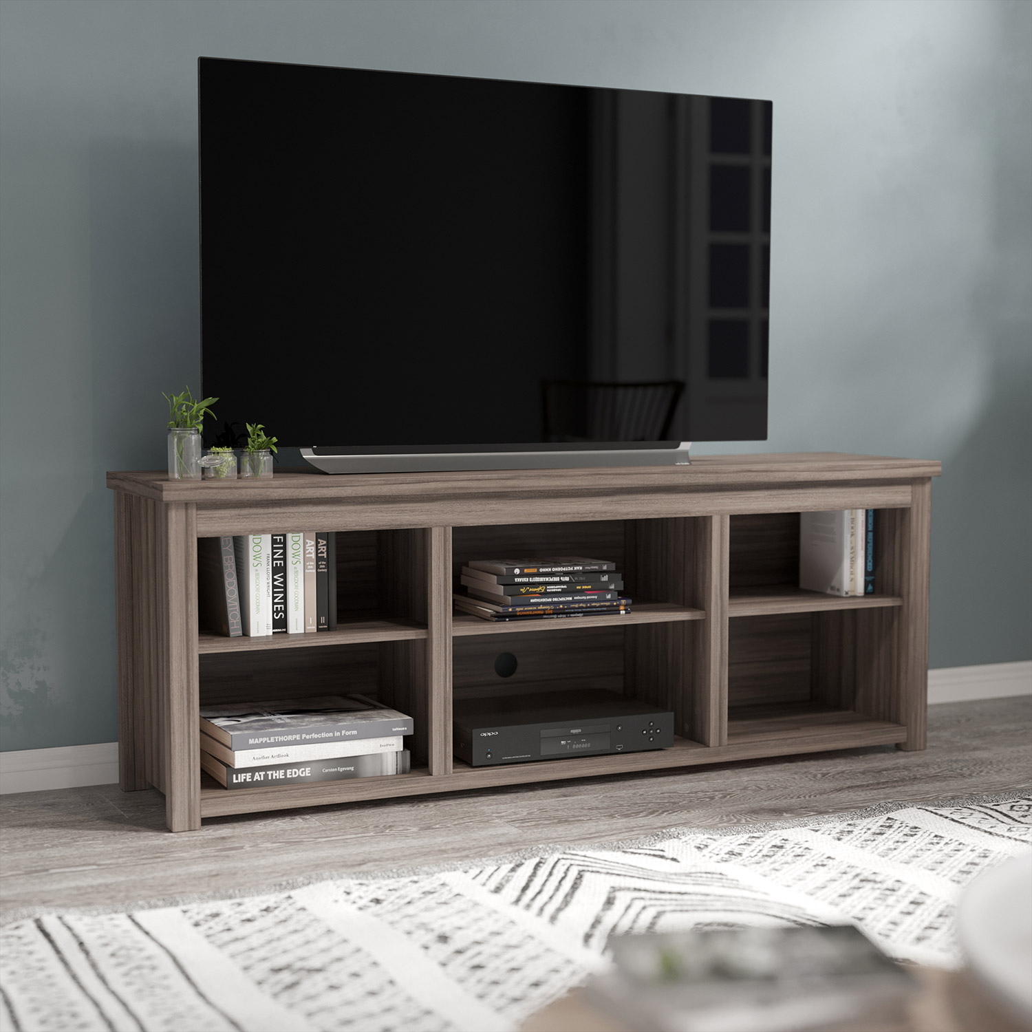 BLNK Kilead Farmhouse Engineered Wood Framed Media Console TV Stand for up to 80" TVs with Open Storage - Gray Wash Oak