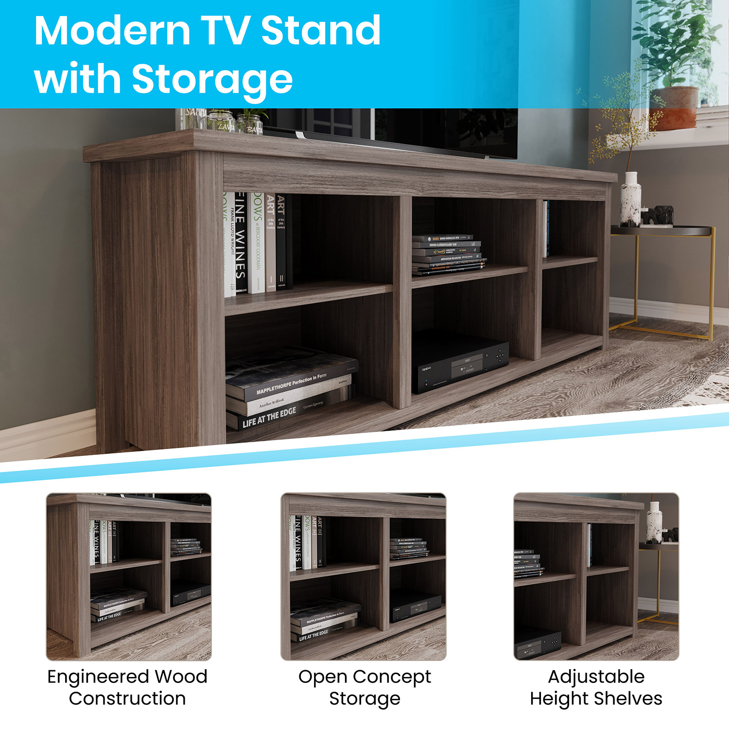 BLNK Kilead Farmhouse Engineered Wood Framed Media Console TV Stand for up to 80" TVs with Open Storage - Gray Wash Oak