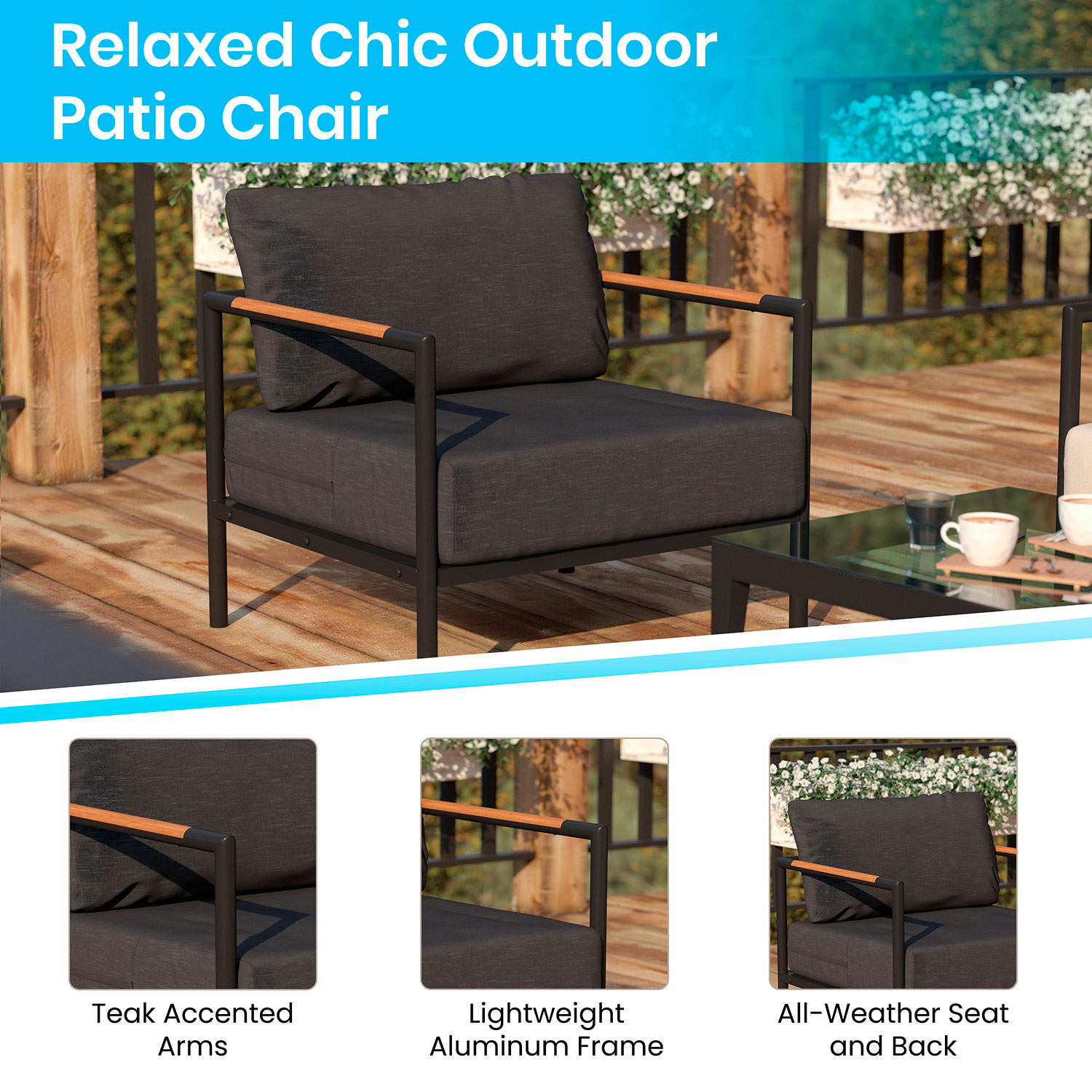 BLNK™ Lea Indoor-Outdoor Aluminum Framed Patio Chair with Cushions - Charcoal