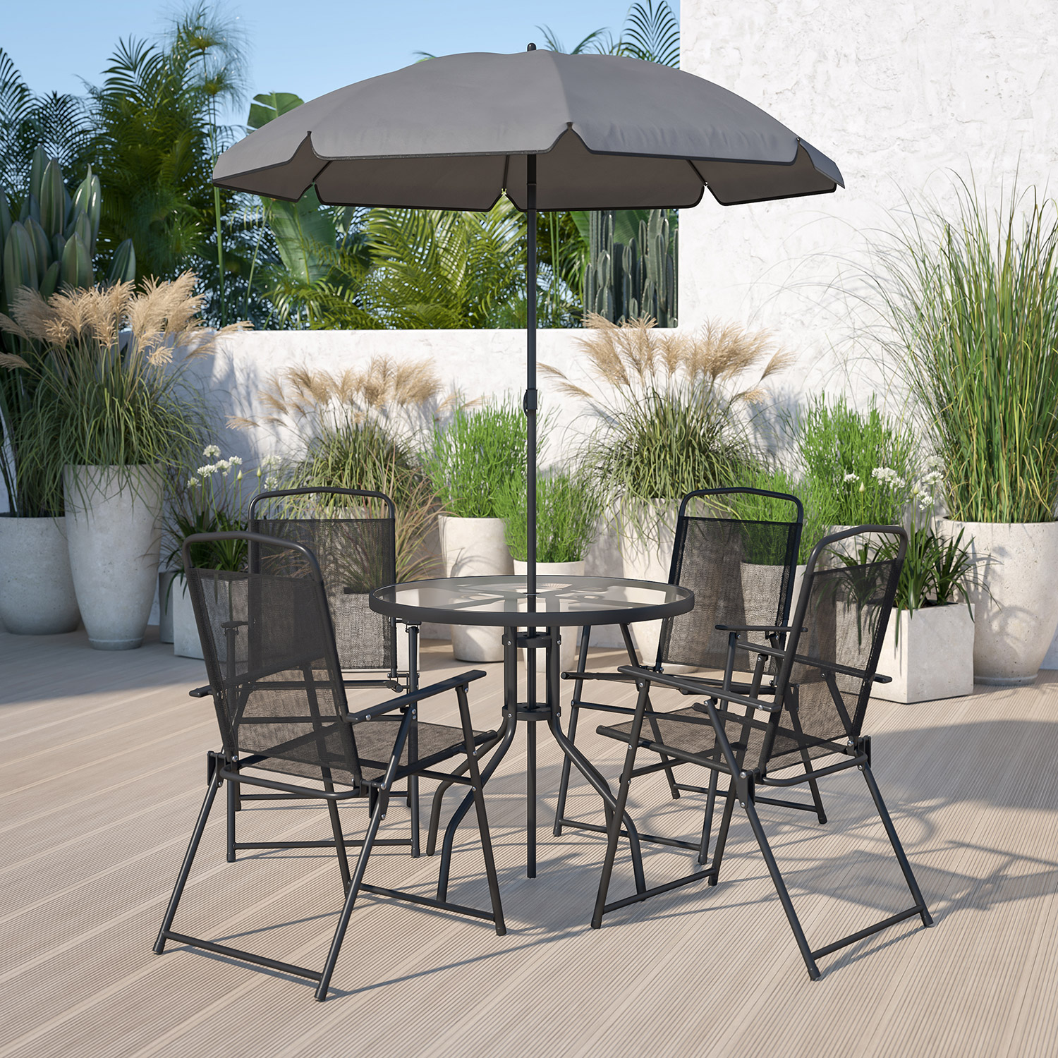 BLNK Nantucket Patio Garden Set with Umbrella Table and Set of 4 Folding Chairs 6 Piece