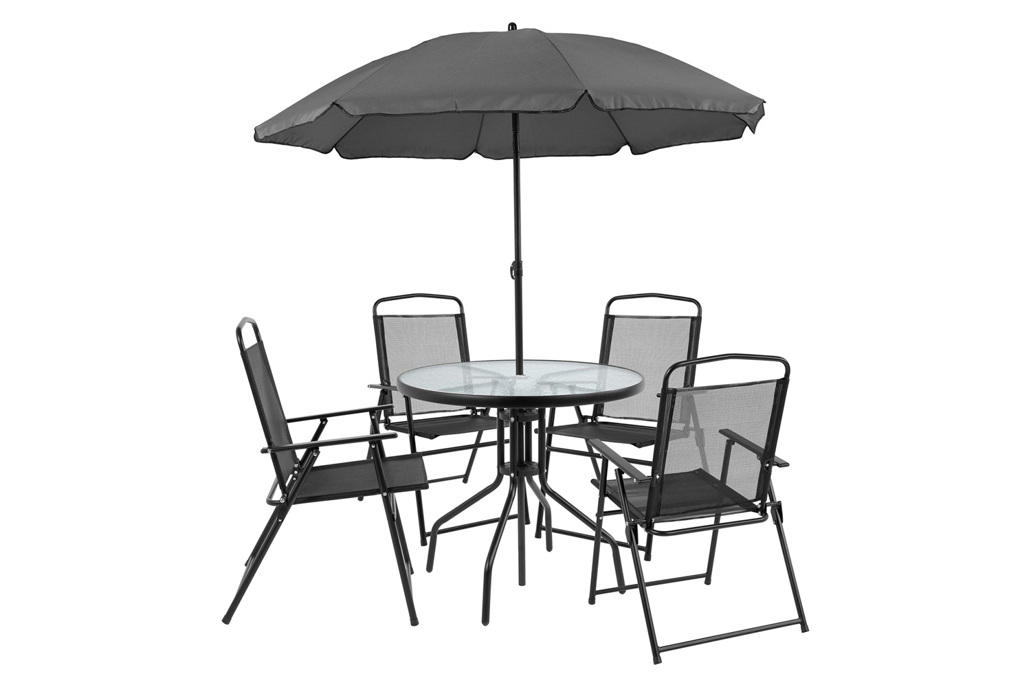 BLNK Nantucket Patio Garden Set with Umbrella Table and Set of 4 Folding Chairs 6 Piece - Black