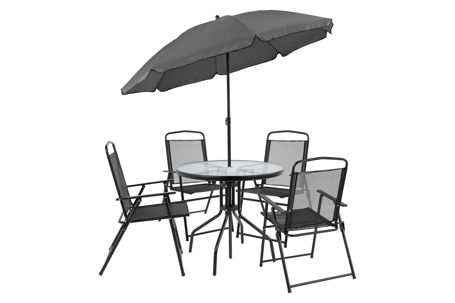 BLNK Nantucket Patio Garden Set with Umbrella Table and Set of 4 Folding Chairs 6 Piece - Black