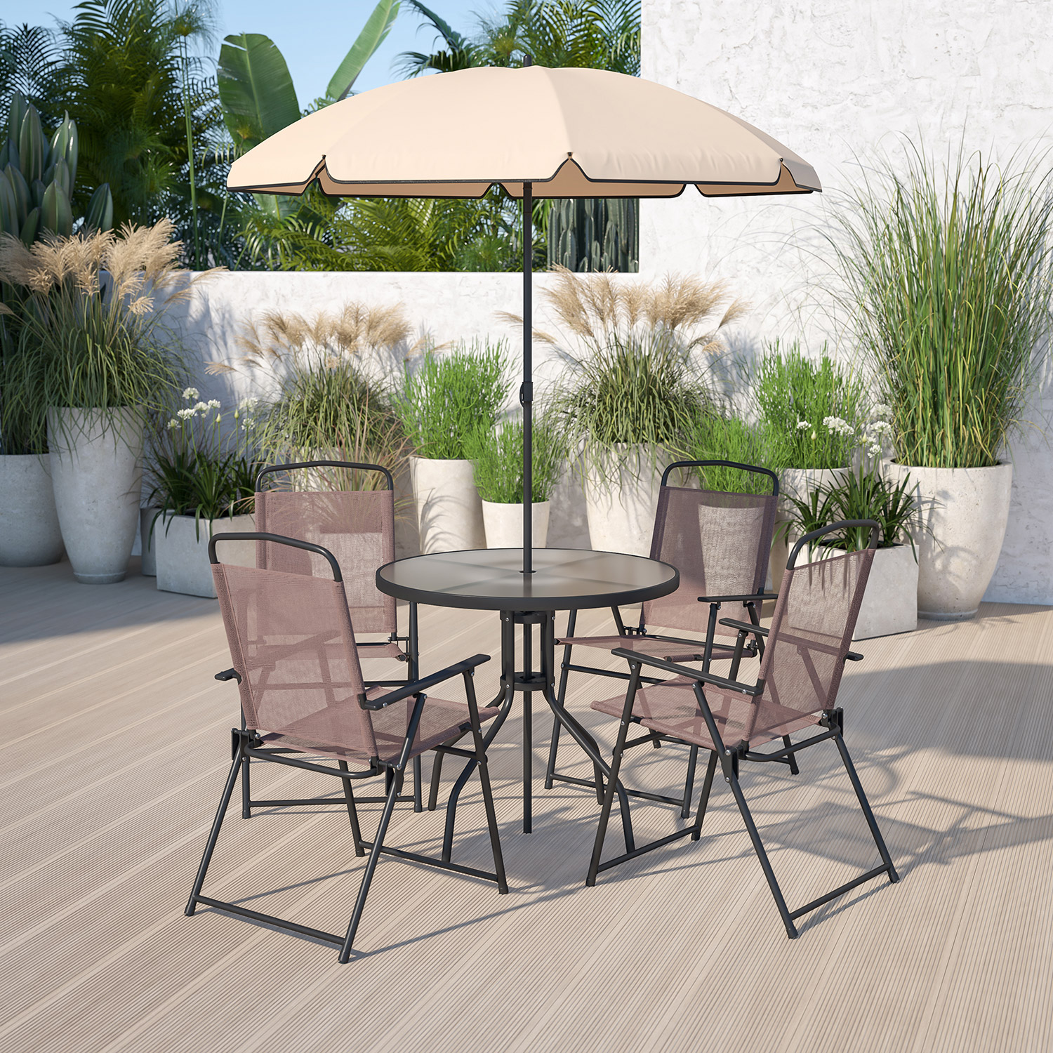 BLNK Nantucket Patio Garden Set with Umbrella Table and Set of 4 Folding Chairs 6 Piece