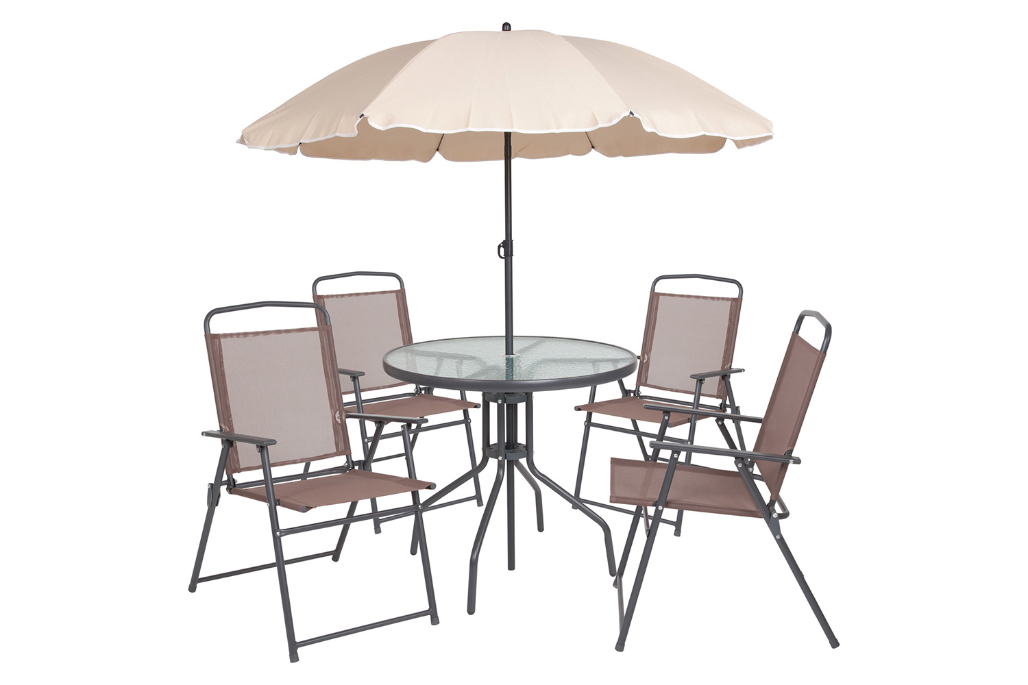 BLNK Nantucket Patio Garden Set with Umbrella Table and Set of 4 Folding Chairs 6 Piece - Brown