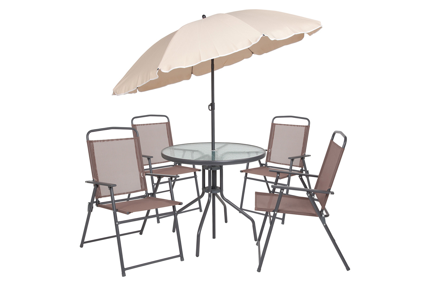 BLNK Nantucket Patio Garden Set with Umbrella Table and Set of 4 Folding Chairs 6 Piece - Brown