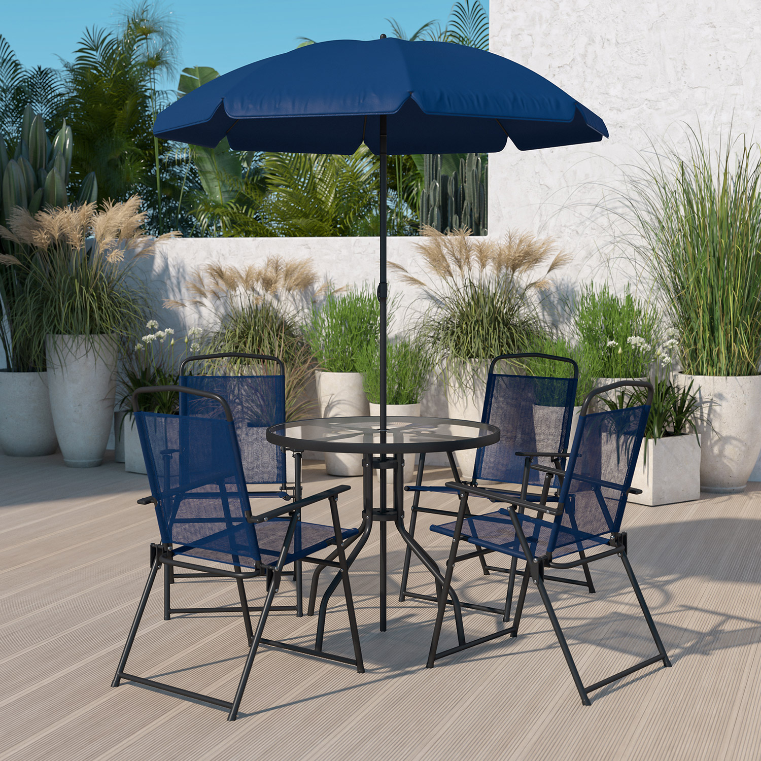 BLNK Nantucket Patio Garden Set with Umbrella Table and Set of 4 Folding Chairs 6 Piece