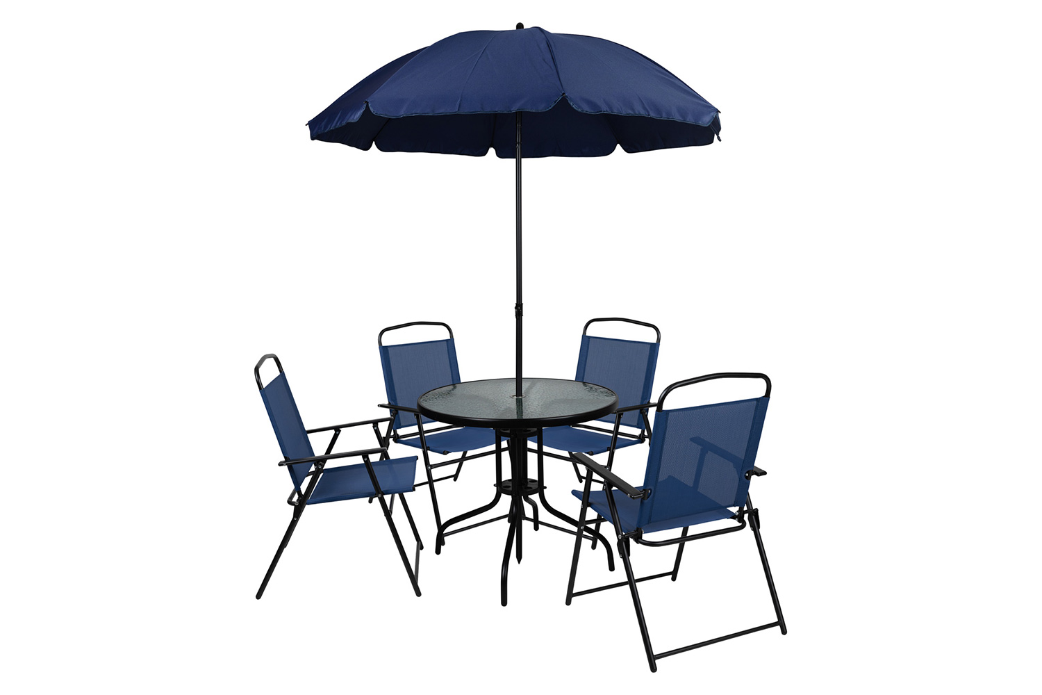 BLNK Nantucket Patio Garden Set with Umbrella Table and Set of 4 Folding Chairs 6 Piece - Navy