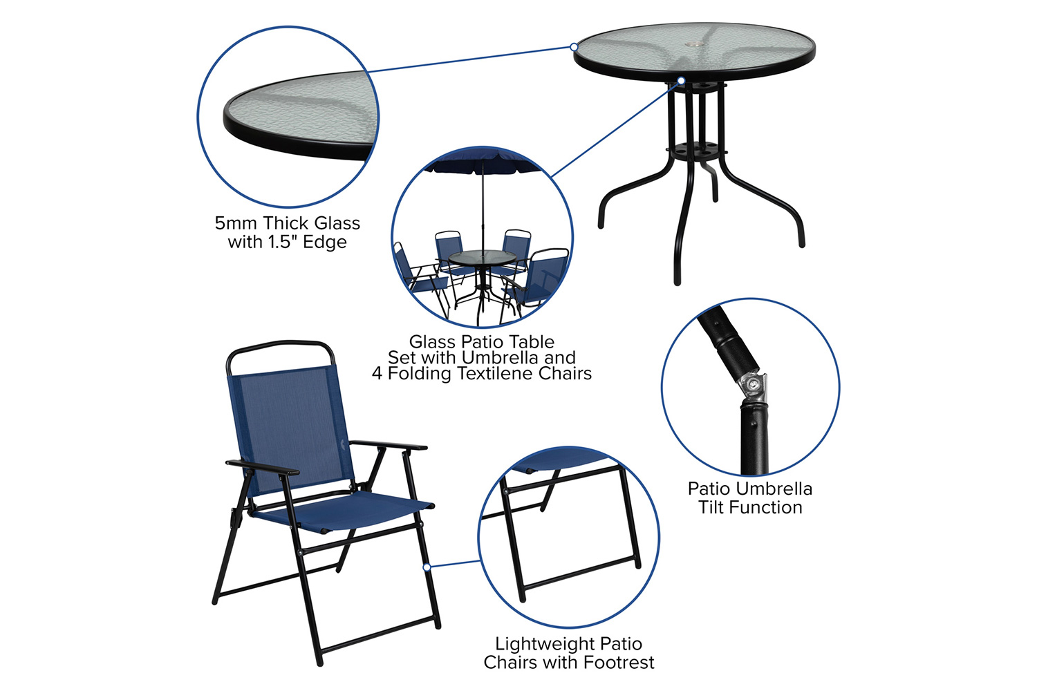 BLNK Nantucket Patio Garden Set with Umbrella Table and Set of 4 Folding Chairs 6 Piece - Navy