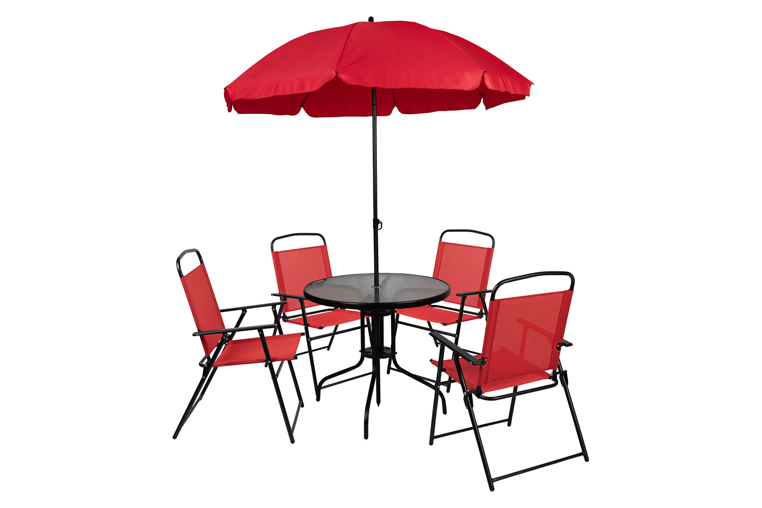 BLNK Nantucket Patio Garden Set with Umbrella Table and Set of 4 Folding Chairs 6 Piece