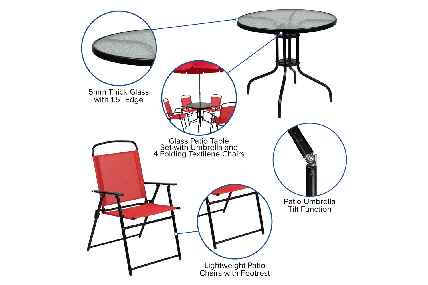 BLNK Nantucket Patio Garden Set with Umbrella Table and Set of 4 Folding Chairs 6 Piece - Red