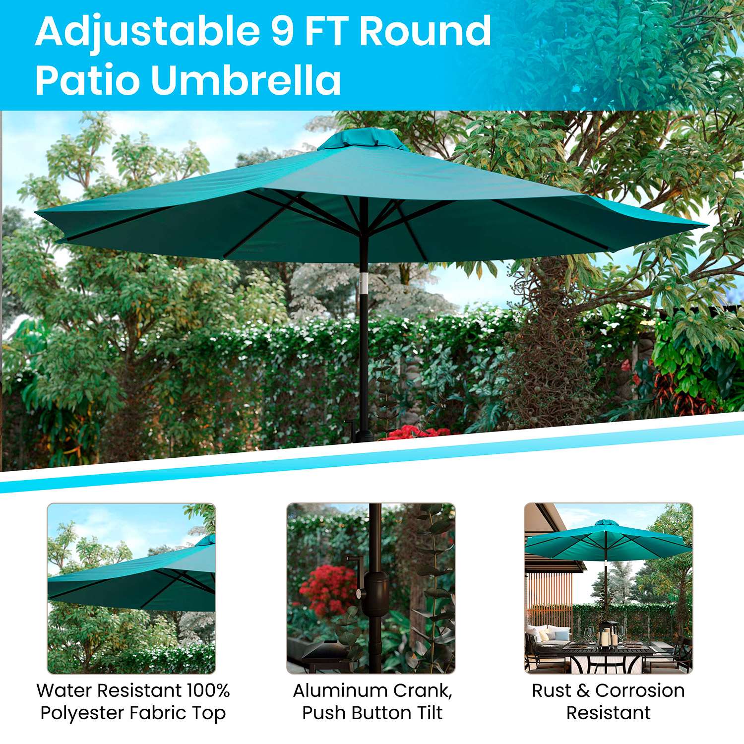 BLNK Kona Round Umbrella with Crank and Tilt Function - Teal