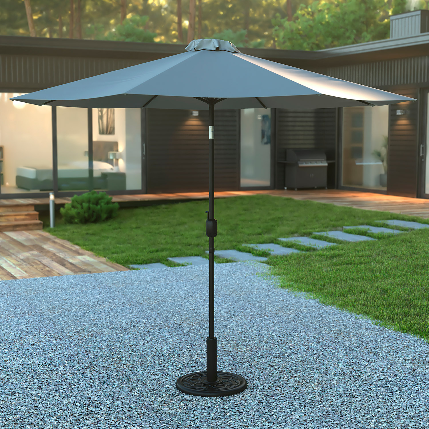 BLNK Sunny Round Umbrella with Crank and Tilt Function and Standing Umbrella Base