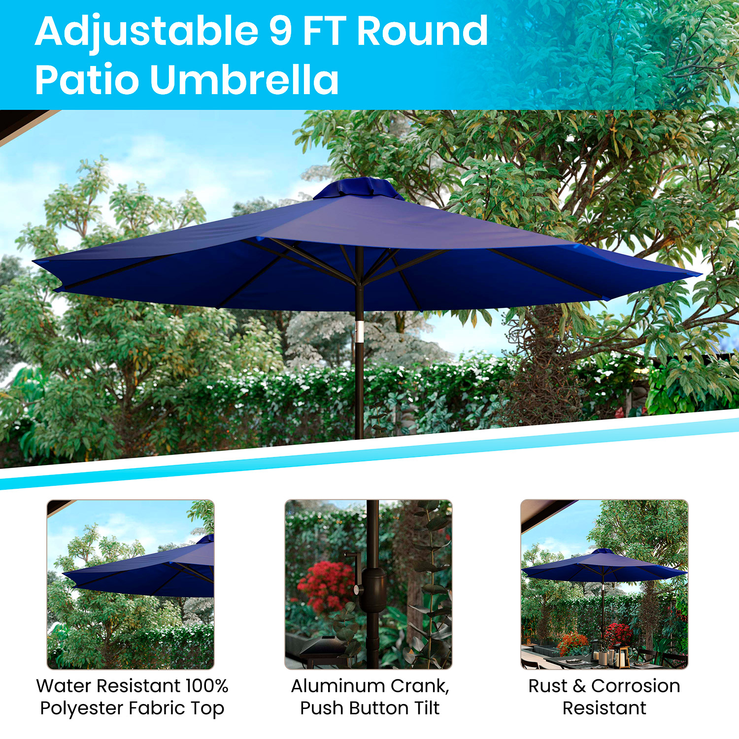 BLNK™ Sunny Round Umbrella with Crank and Tilt Function and Standing Umbrella Base - Navy