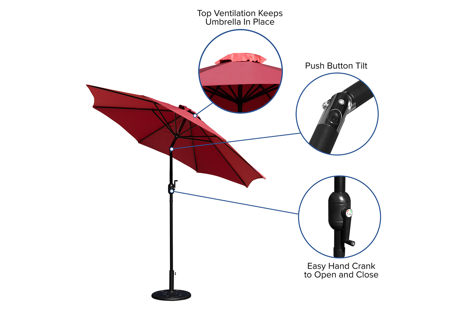 BLNK Kona Round Umbrella with Crank and Tilt Function and Standing Umbrella Base - Red