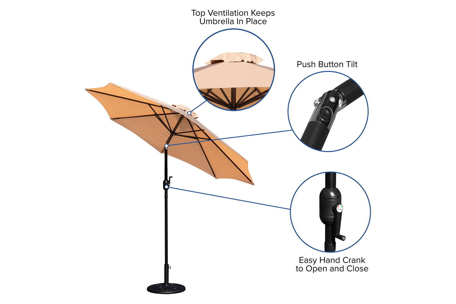 BLNK Kona Round Umbrella with Crank and Tilt Function and Standing Umbrella Base - Tan