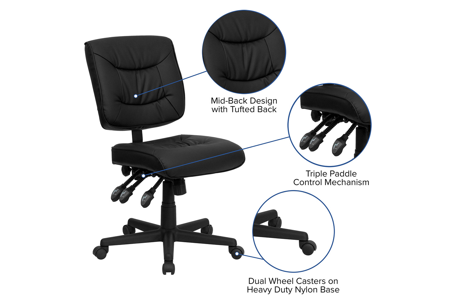 BLNK Cole LeatherSoft Mid-Back Black Multifunction Swivel Ergonomic Task Office Chair