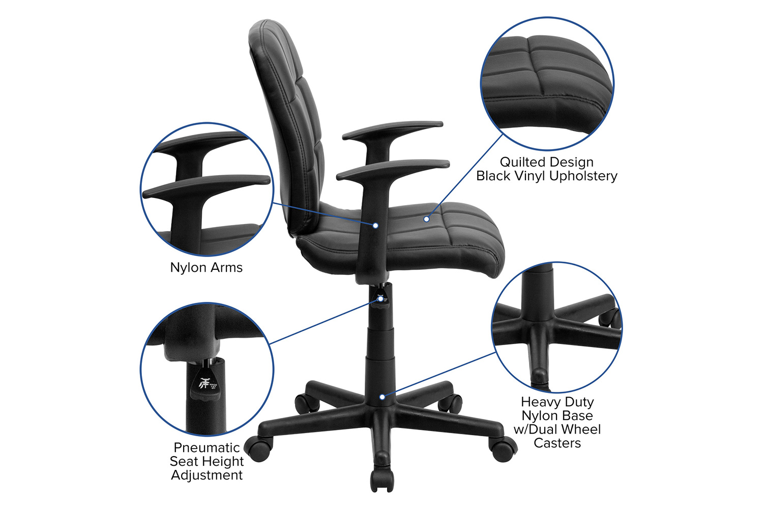 BLNK Clayton Vinyl Mid-Back Quilted Swivel Task Office Chair - Black, with Arms